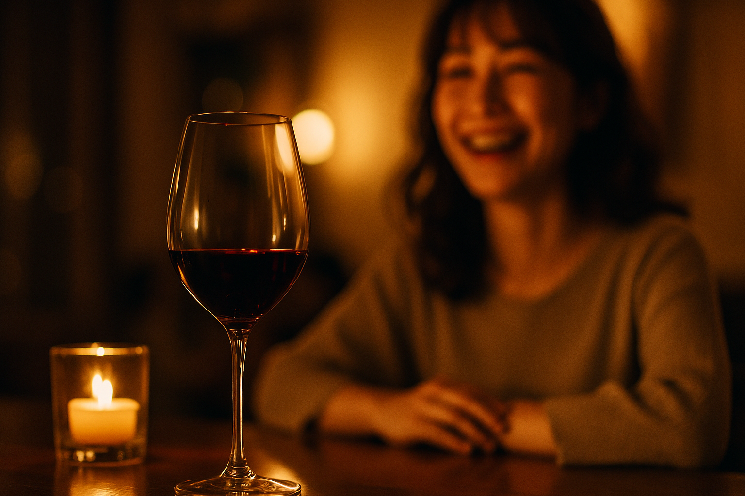 ワイングラスとキャンドルの灯りに包まれて笑う女性。フェリシア パーティの夜のひとこま。